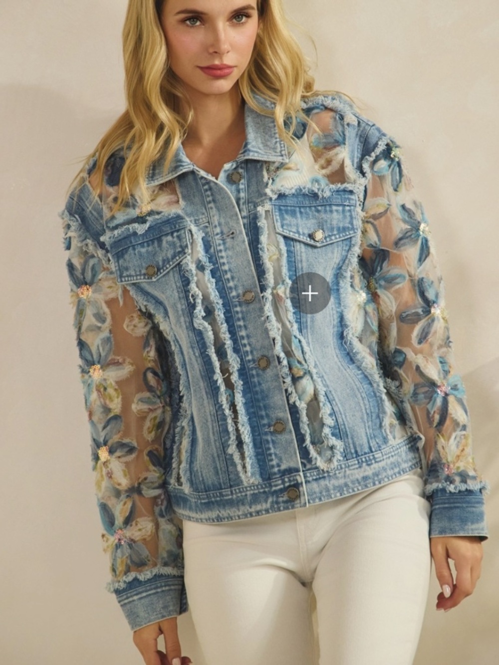 Western Floral Lace Appliqué Semi Sheer Button Down Frayed Jacket - Picture 6 of 13